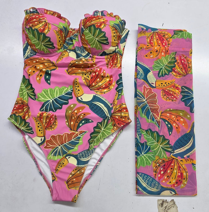 Bold Curve Blossam Pink Jungle Underwired One Piece Swimwear with Sarong custom image