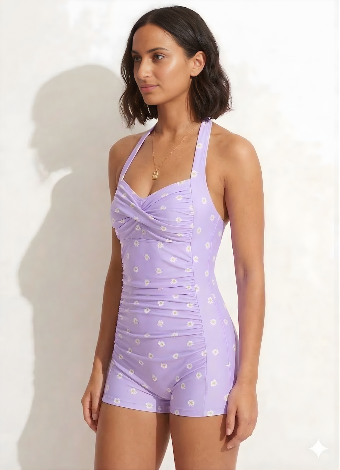 Bold Curve Printed Padded Lavender Daisy One Piece Swimsuits Tummy Ruffle Control High Waisted Swimwear Full Coverage Short