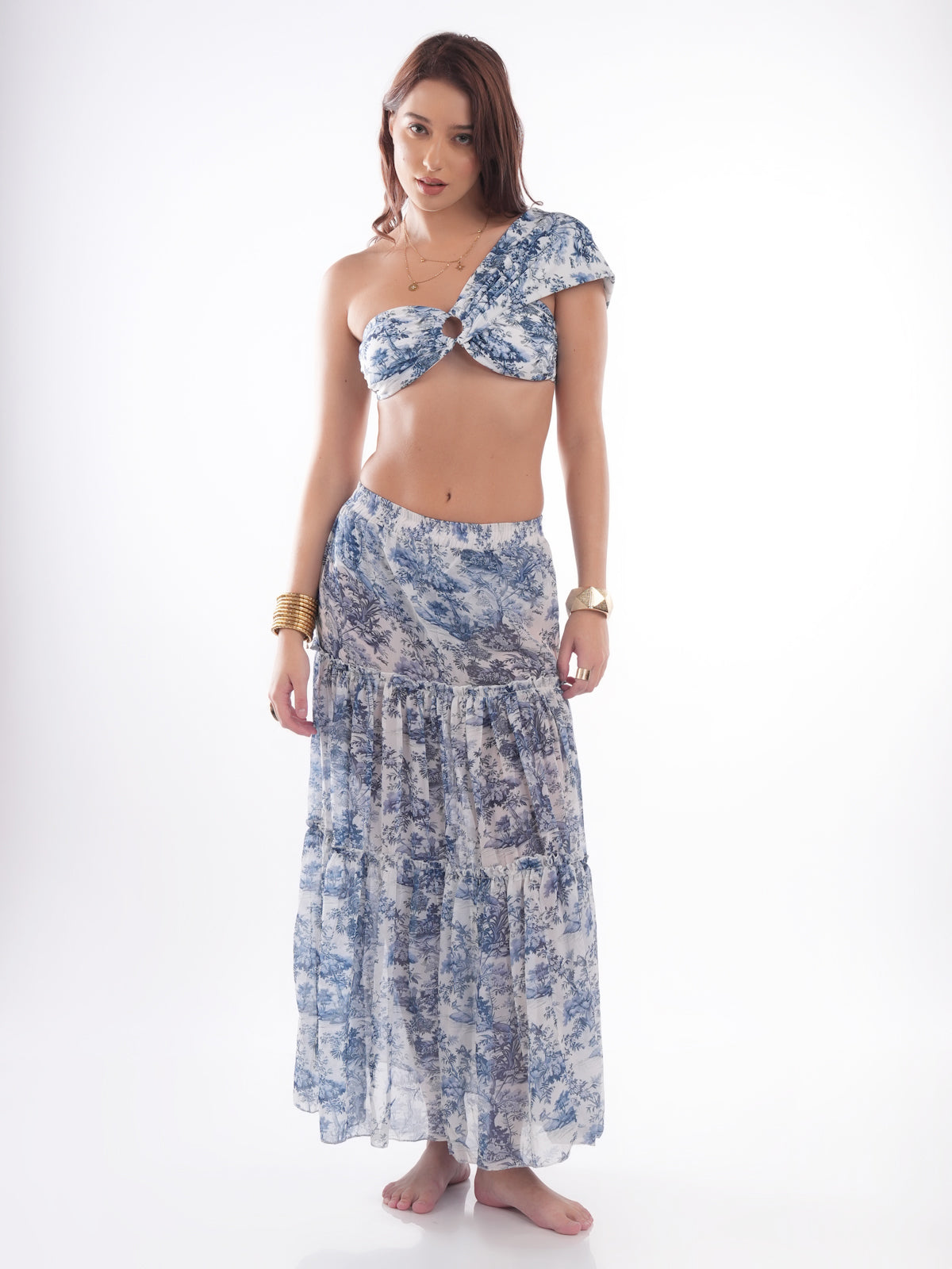 Bold Curve Two Pcs One Shoulder Swimwear for Women with Full Skirt