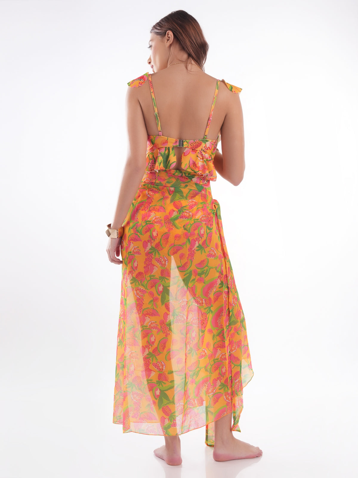 Bold Curve Yellow Ruffle Front Tie Swimwear for Women with Full Sarong