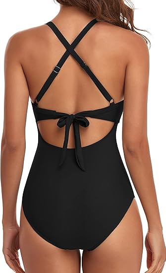 Halter Back Tie Knot Ruffle Women Sexy Cutout One Piece Swimsuits Tummy Control High Waisted