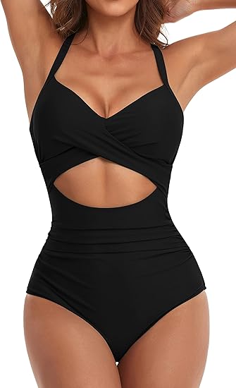 Halter Back Tie Knot Ruffle Women Sexy Cutout One Piece Swimsuits Tummy Control High Waisted