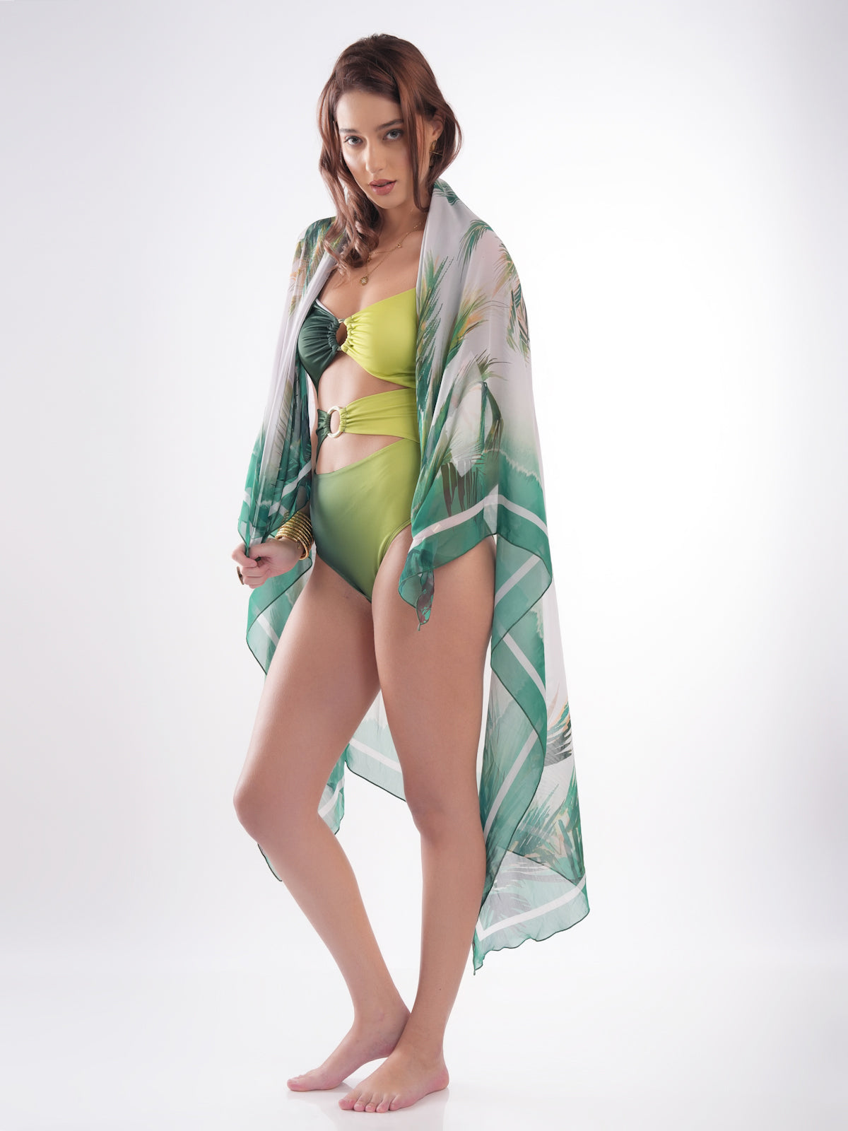 Bold Curve Ombre Green One Pcs Swimwear with Cover up