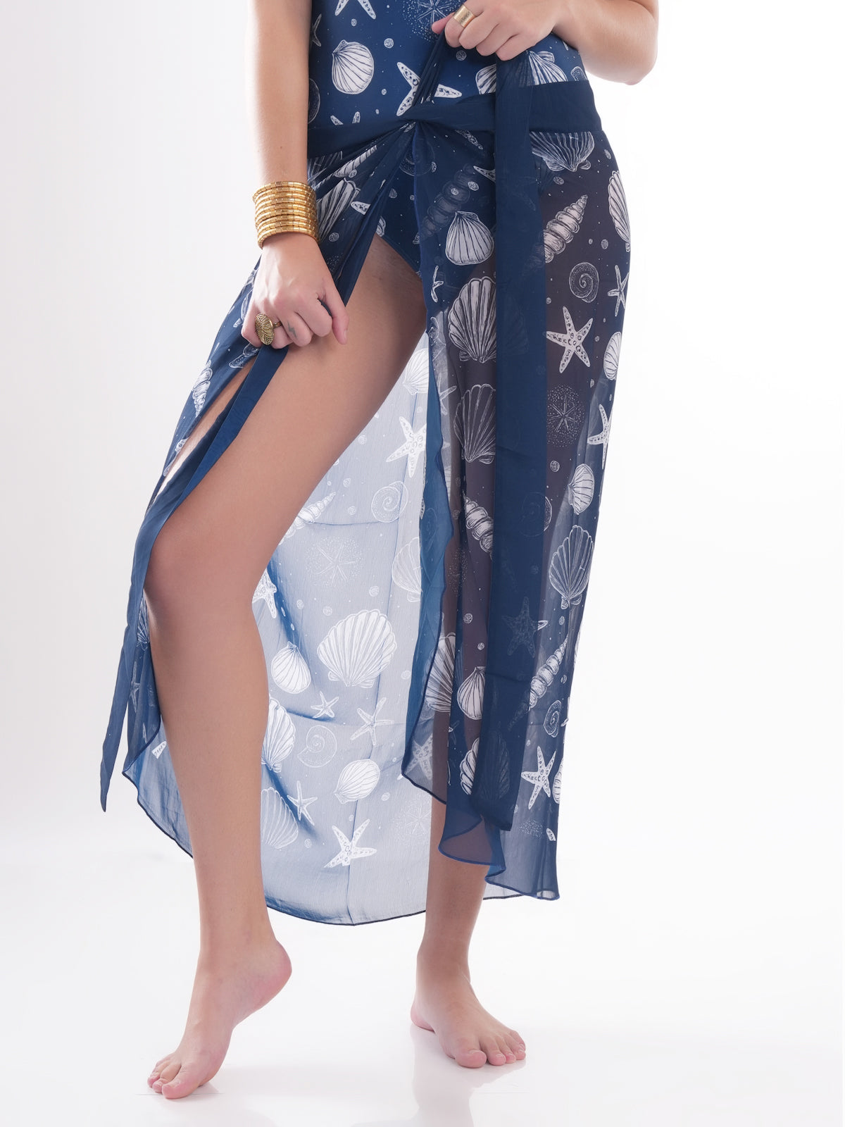 Bold Curve Blue Sea Creature Swimwear One Piece Swimsuit for Women with Sarong