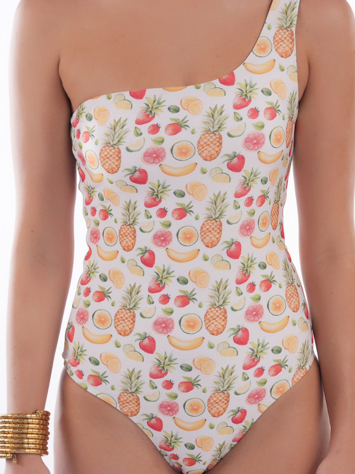 Bold Curve One Shoulder Fruit Swimwear One Piece Swimsuit for Women with Sarong