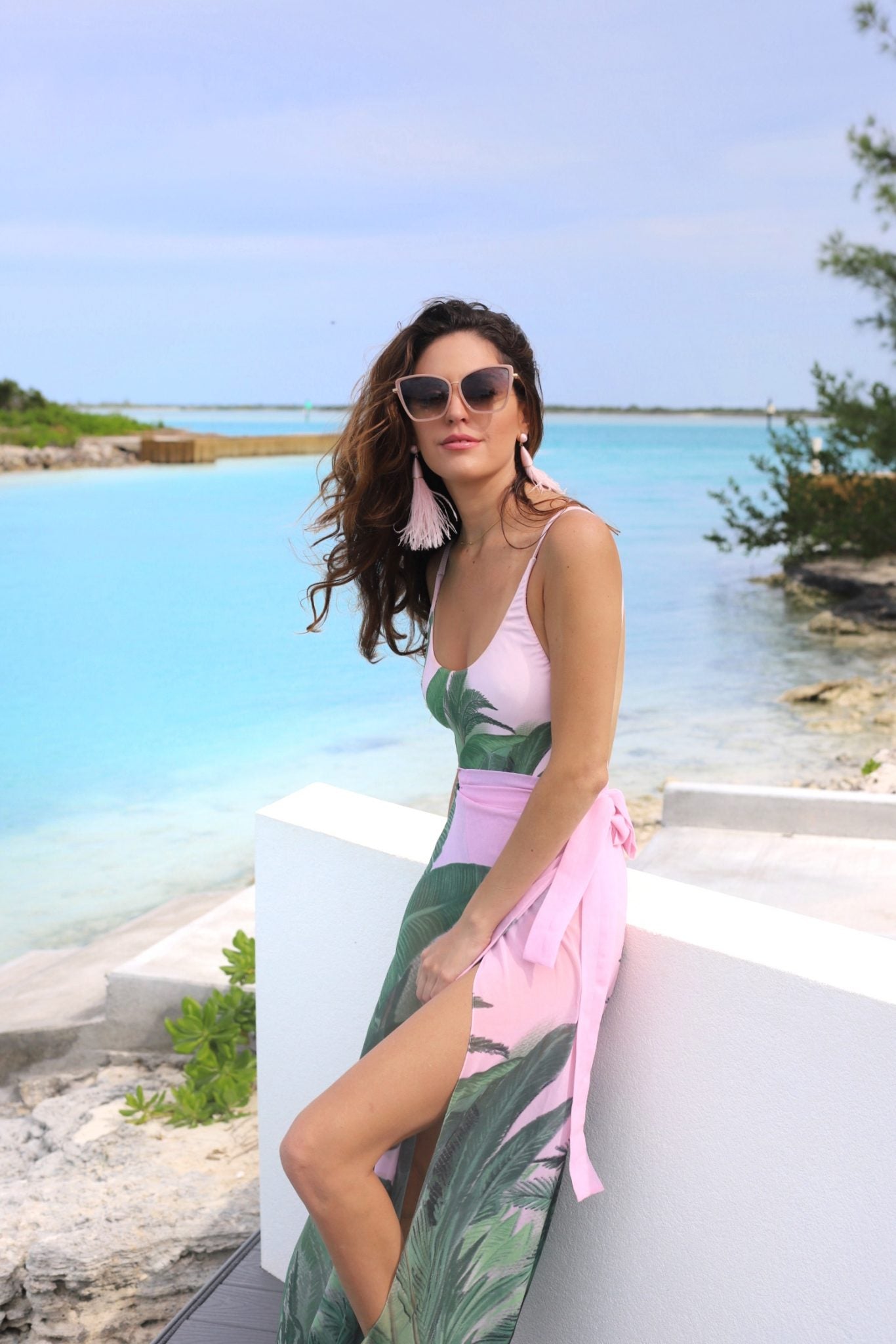 Palm Leaf Lovely Pink One Piece Swimwear with cover up