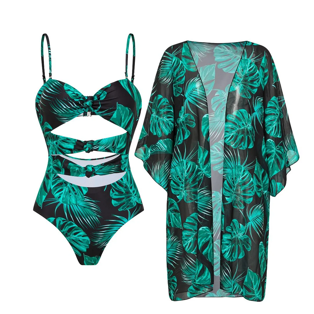 Printed Green Palm One Piece Monokini Swimwear with Cover up