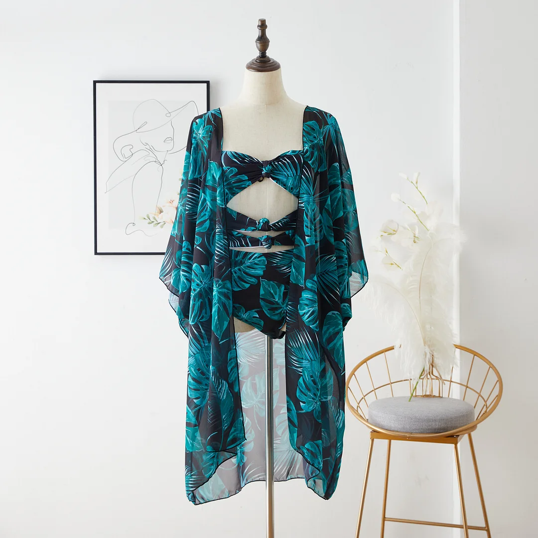 Printed Green Palm One Piece Monokini Swimwear with Cover up