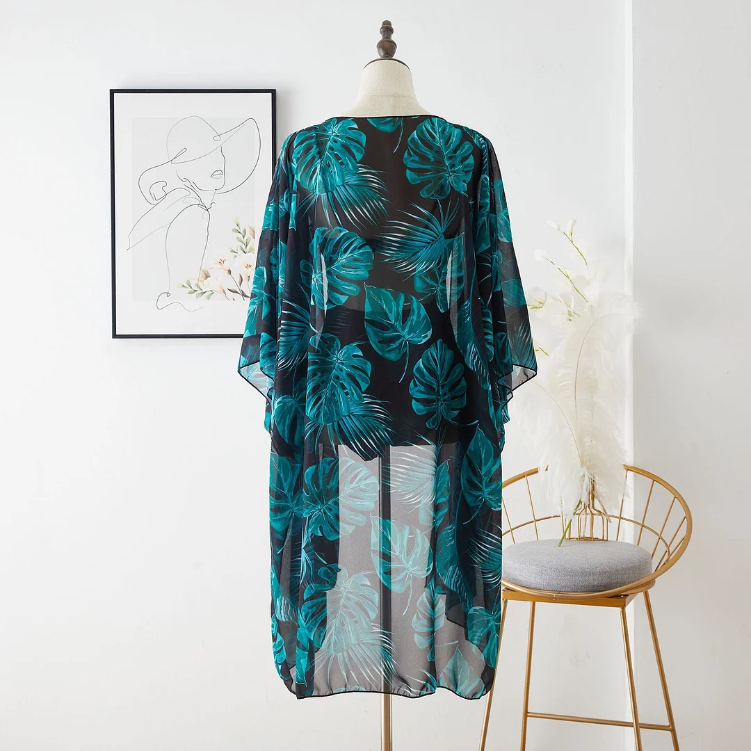 Printed Green Palm One Piece Monokini Swimwear with Cover up