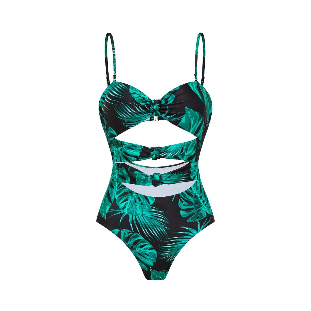 Printed Green Palm One Piece Monokini Swimwear with Cover up