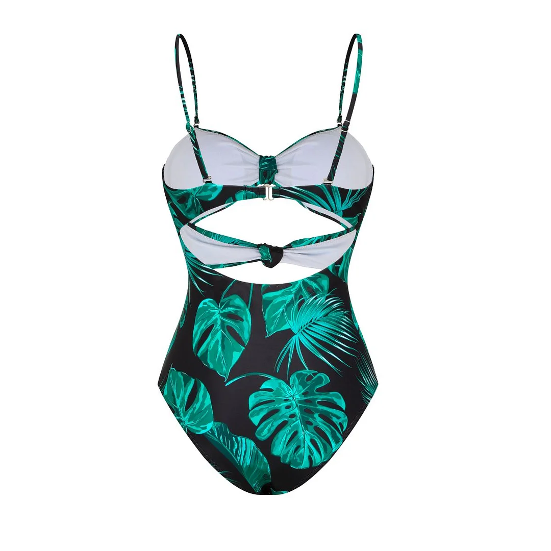 Printed Green Palm One Piece Monokini Swimwear with Cover up