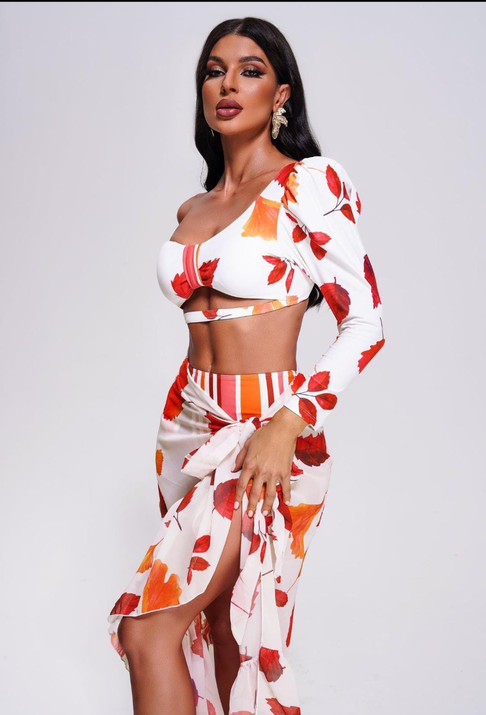 Red Leaf Plam Two Pcs Swimwear with Cover up Sarong