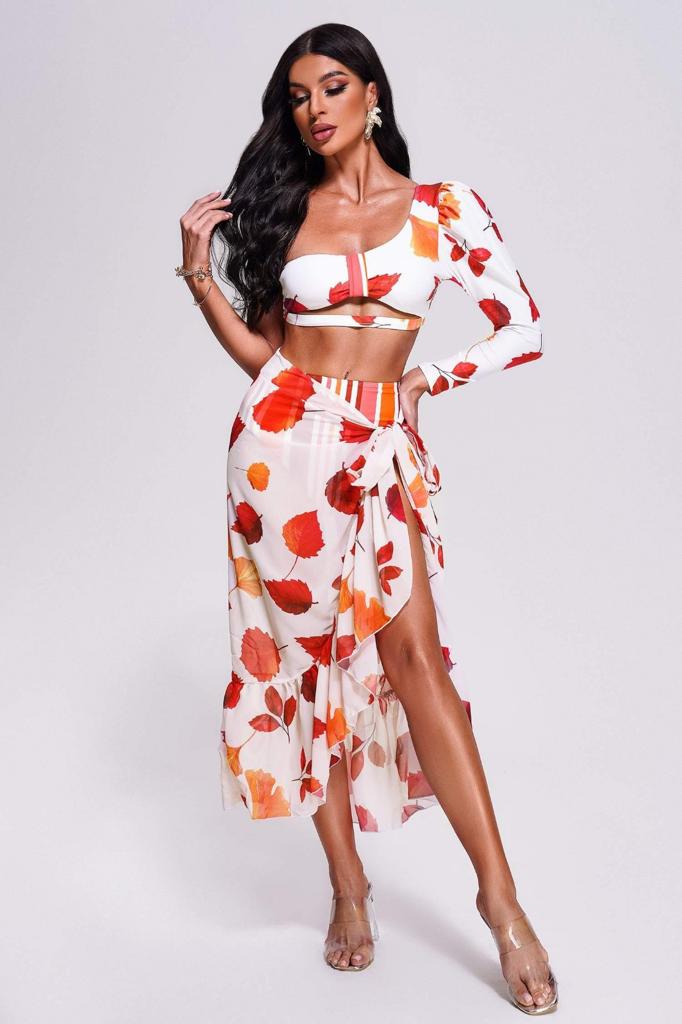 Red Leaf Plam Two Pcs Swimwear with Cover up Sarong