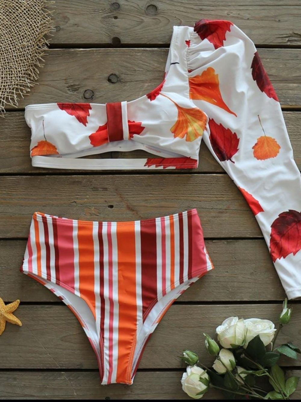 Red Leaf Plam Two Pcs Swimwear with Cover up Sarong