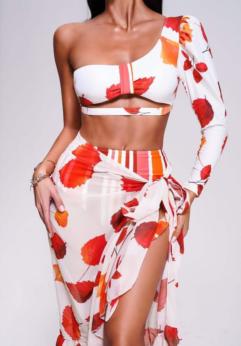 Red Leaf Plam Two Pcs Swimwear with Cover up Sarong
