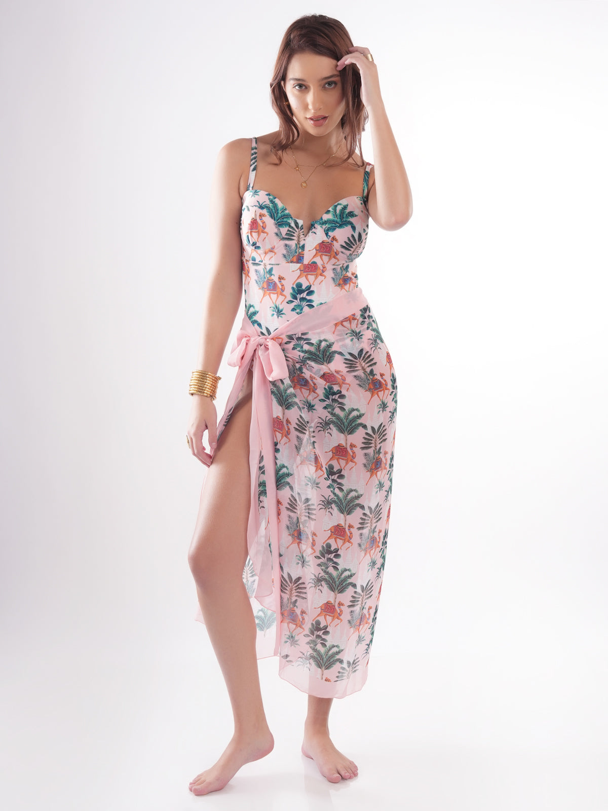 Bold Curve Jaipuri Camel Swimwear Underwired One Piece Swimsuit for Women with Sarong