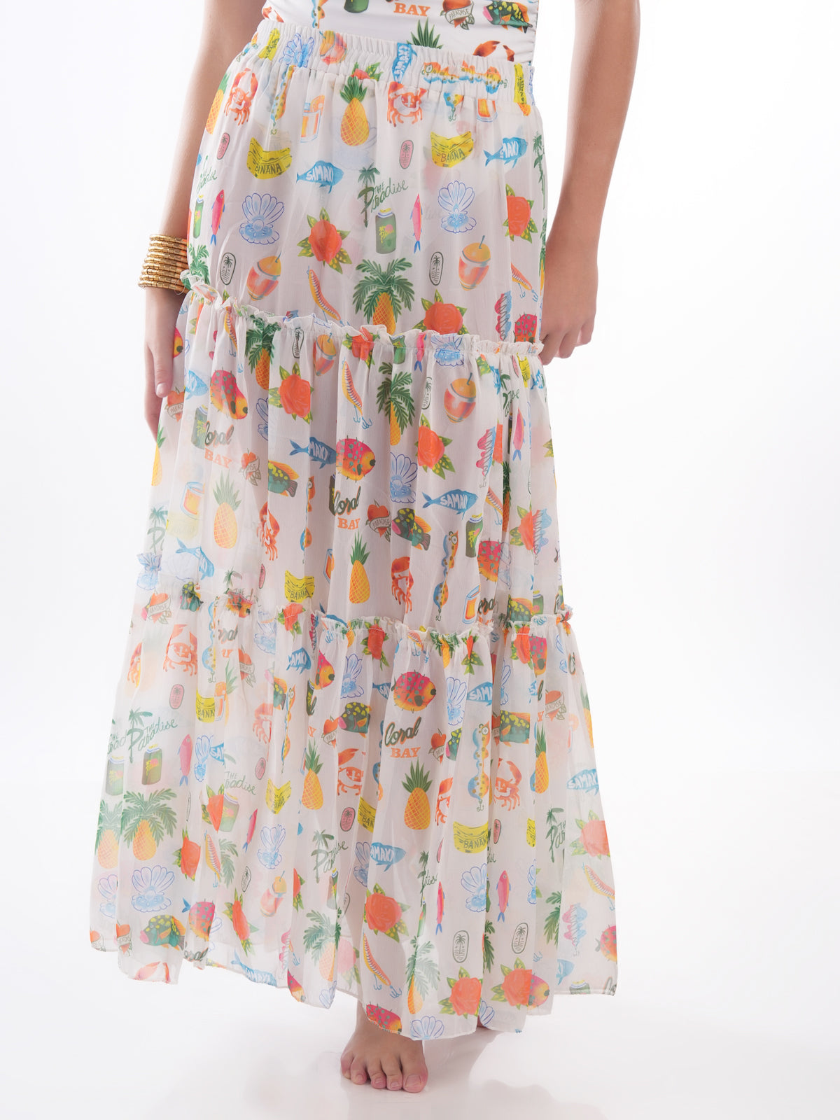 Bold Curve Beach Tropical Off Shoulder One Piece Swimwear with Long Skirt