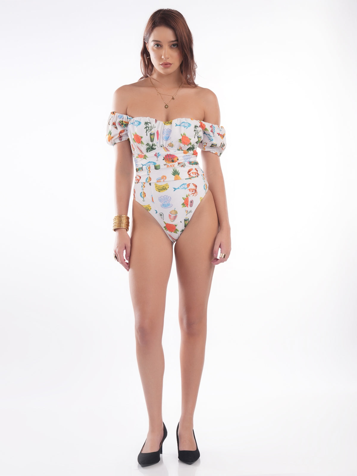 Bold Curve Beach Tropical Off Shoulder One Piece Swimwear with Long Skirt