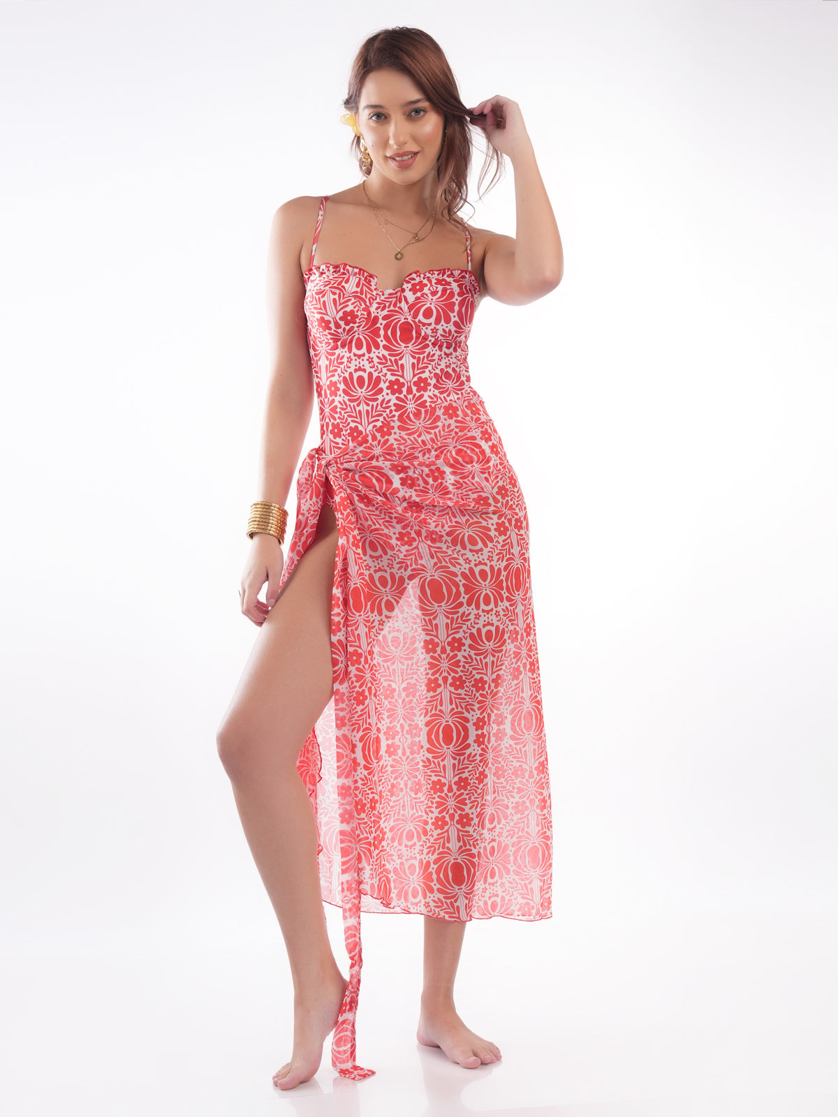 Bold Curve Red Floral Geometric Underwired One Piece Swimwear with Sarong