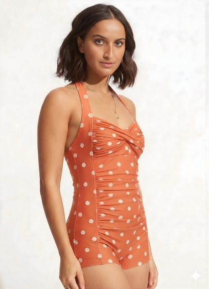 Bold Curve Printed Padded Burnt Orange Daisy One Piece Swimsuits Tummy Ruffle Control High Waisted Swimwear Full Coverage Short