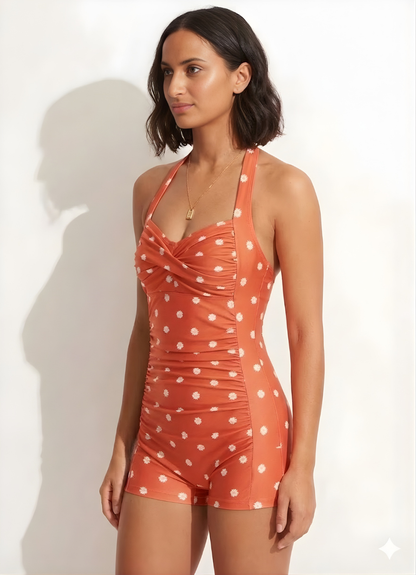 Bold Curve Printed Padded Burnt Orange Daisy One Piece Swimsuits Tummy Ruffle Control High Waisted Swimwear Full Coverage Short