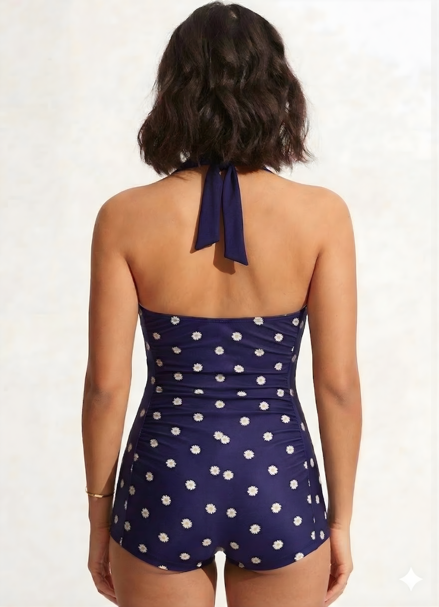 Bold Curve Printed Padded Midnight Blue Daisy One Piece Swimsuits Tummy Ruffle Control High Waisted Swimwear Full Coverage Short