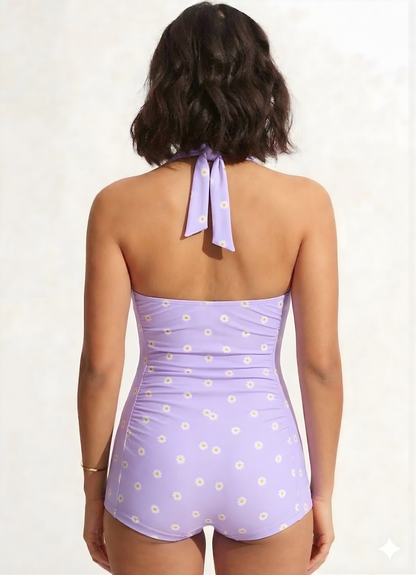 Bold Curve Printed Padded Lavender Daisy One Piece Swimsuits Tummy Ruffle Control High Waisted Swimwear Full Coverage Short