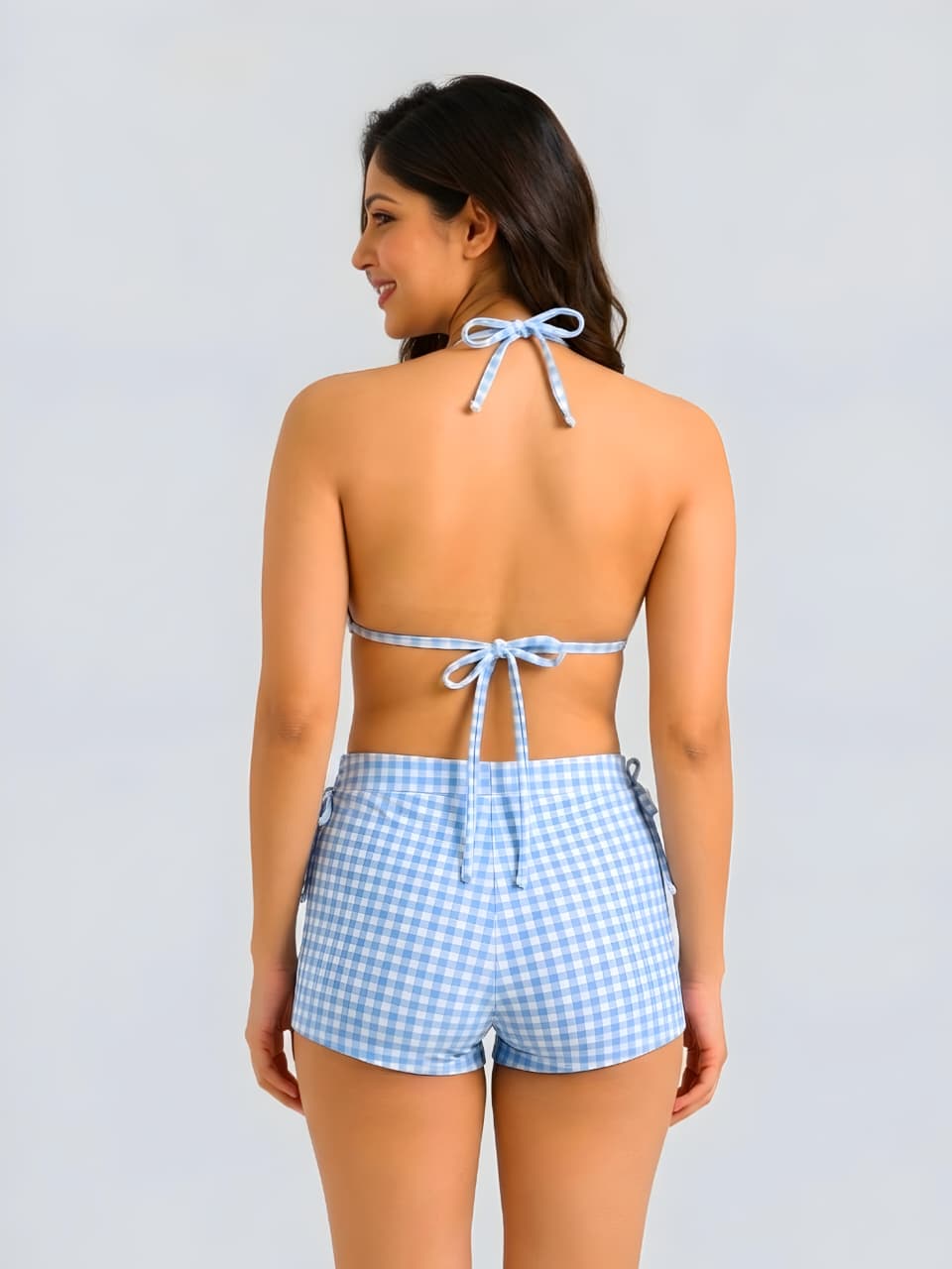 Blue Gingham Crop Top & Ruched Skirt Swim Set