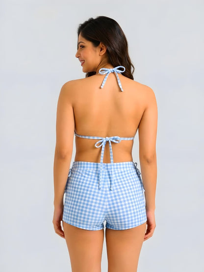 Blue Gingham Crop Top & Ruched Skirt Swim Set