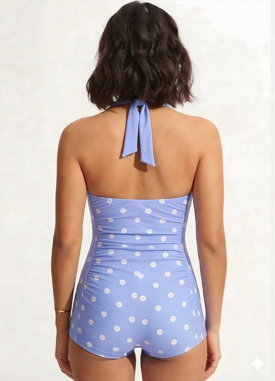 Bold Curve Printed Padded Pastel Periwinkle Daisy One Piece Swimsuits Tummy Ruffle Control High Waisted Swimwear Full Coverage Short