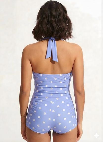 Bold Curve Printed Padded Pastel Periwinkle Daisy One Piece Swimsuits Tummy Ruffle Control High Waisted Swimwear Full Coverage Short