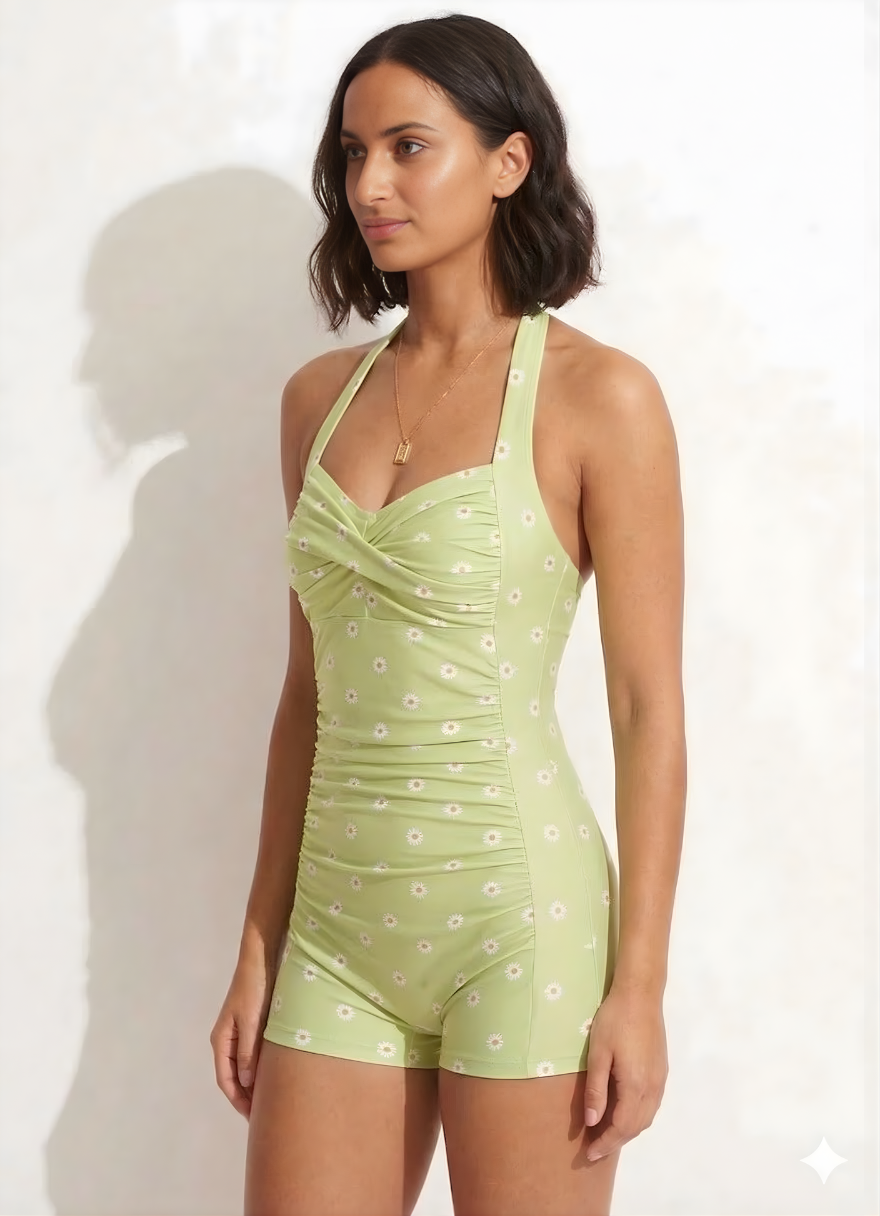 Bold Curve Printed Padded Pistachio Green Daisy One Piece Swimsuits Tummy Ruffle Control High Waisted Swimwear Full Coverage Short