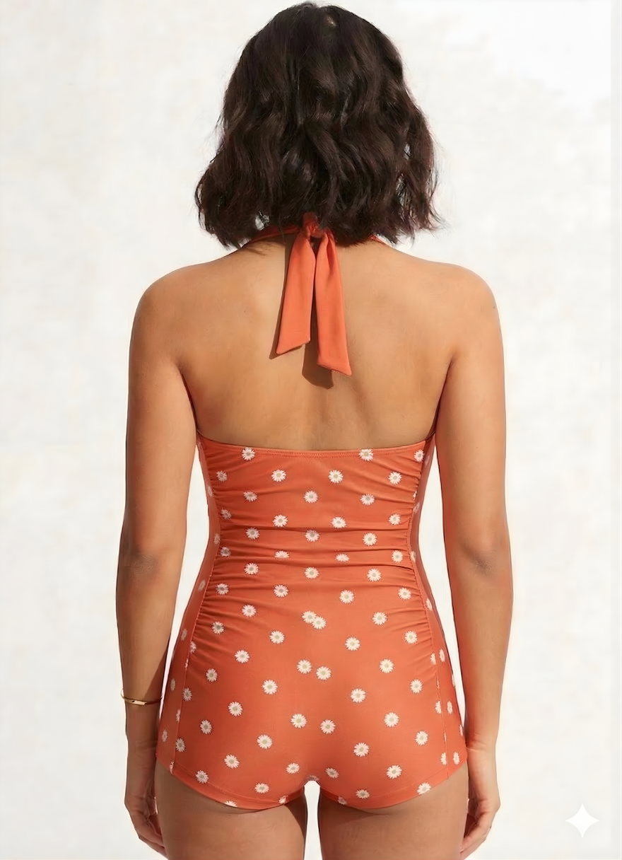 Bold Curve Printed Padded Burnt Orange Daisy One Piece Swimsuits Tummy Ruffle Control High Waisted Swimwear Full Coverage Short