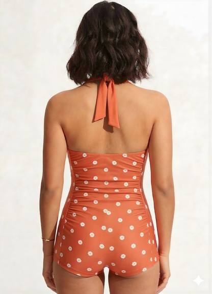 Bold Curve Printed Padded Burnt Orange Daisy One Piece Swimsuits Tummy Ruffle Control High Waisted Swimwear Full Coverage Short