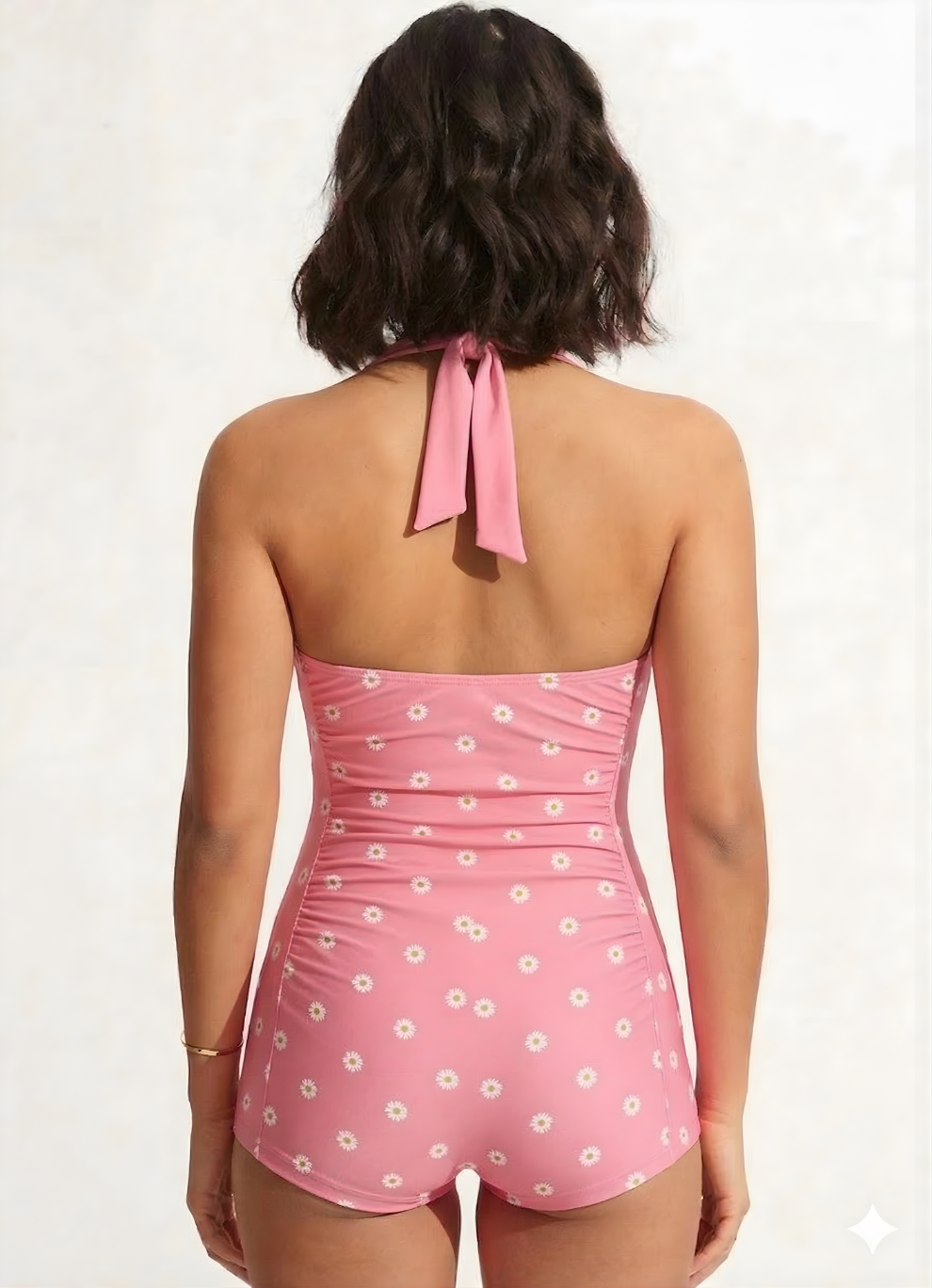 Bold Curve Printed Padded Blush Pink Daisy One Piece Swimsuits Tummy Ruffle Control High Waisted Swimwear Full Coverage Short