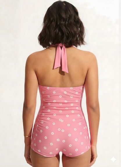 Bold Curve Printed Padded Blush Pink Daisy One Piece Swimsuits Tummy Ruffle Control High Waisted Swimwear Full Coverage Short