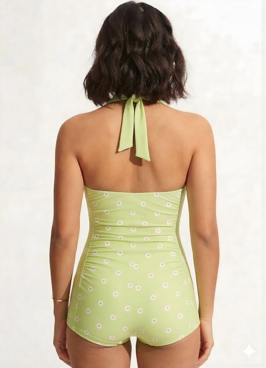 Bold Curve Printed Padded Pistachio Green Daisy One Piece Swimsuits Tummy Ruffle Control High Waisted Swimwear Full Coverage Short