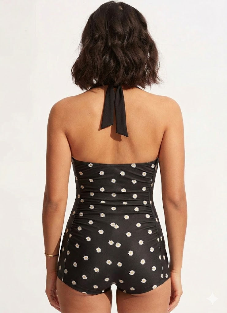 Printed One Piece Swimsuits Tummy Ruffle Control High Waisted Swimwear Full Coverage Short