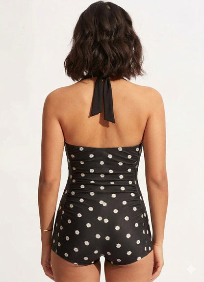 Printed One Piece Swimsuits Tummy Ruffle Control High Waisted Swimwear Full Coverage Short