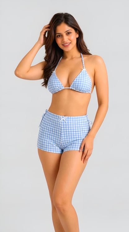Blue Gingham Crop Top & Ruched Skirt Swim Set