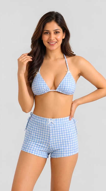 Blue Gingham Crop Top & Ruched Skirt Swim Set