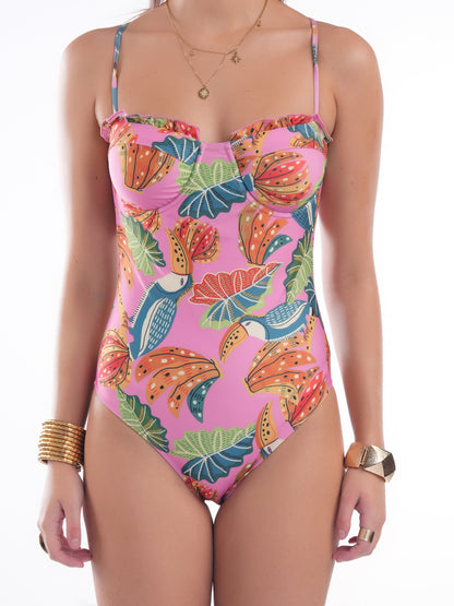 Bold Curve Blossam Pink Jungle Underwired One Piece Swimwear with Sarong