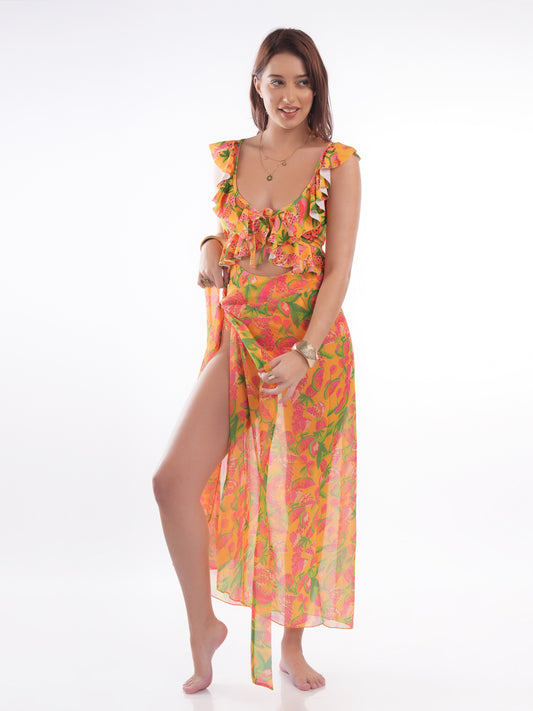 Bold Curve Yellow Ruffle Front Tie Swimwear for Women with Full Sarong