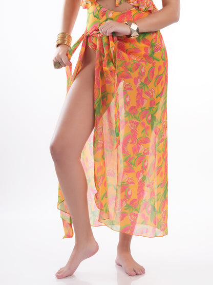 Bold Curve Yellow Ruffle Front Tie Swimwear for Women with Full Sarong