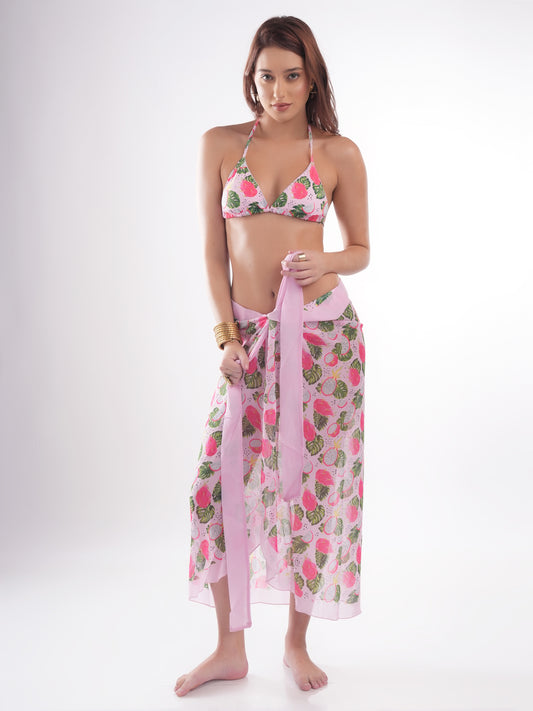 Bold Curve Dragon Fruit Swimwear Two Piece Bikini for Women with Sarong