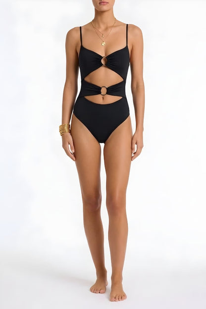 Black Gold Ring Cut-Out One-Piece Swimsuit – High-Cut Monokini | Bold Curve Swimwear