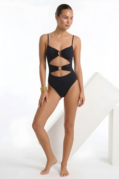 Black Gold Ring Cut-Out One-Piece Swimsuit – High-Cut Monokini | Bold Curve Swimwear