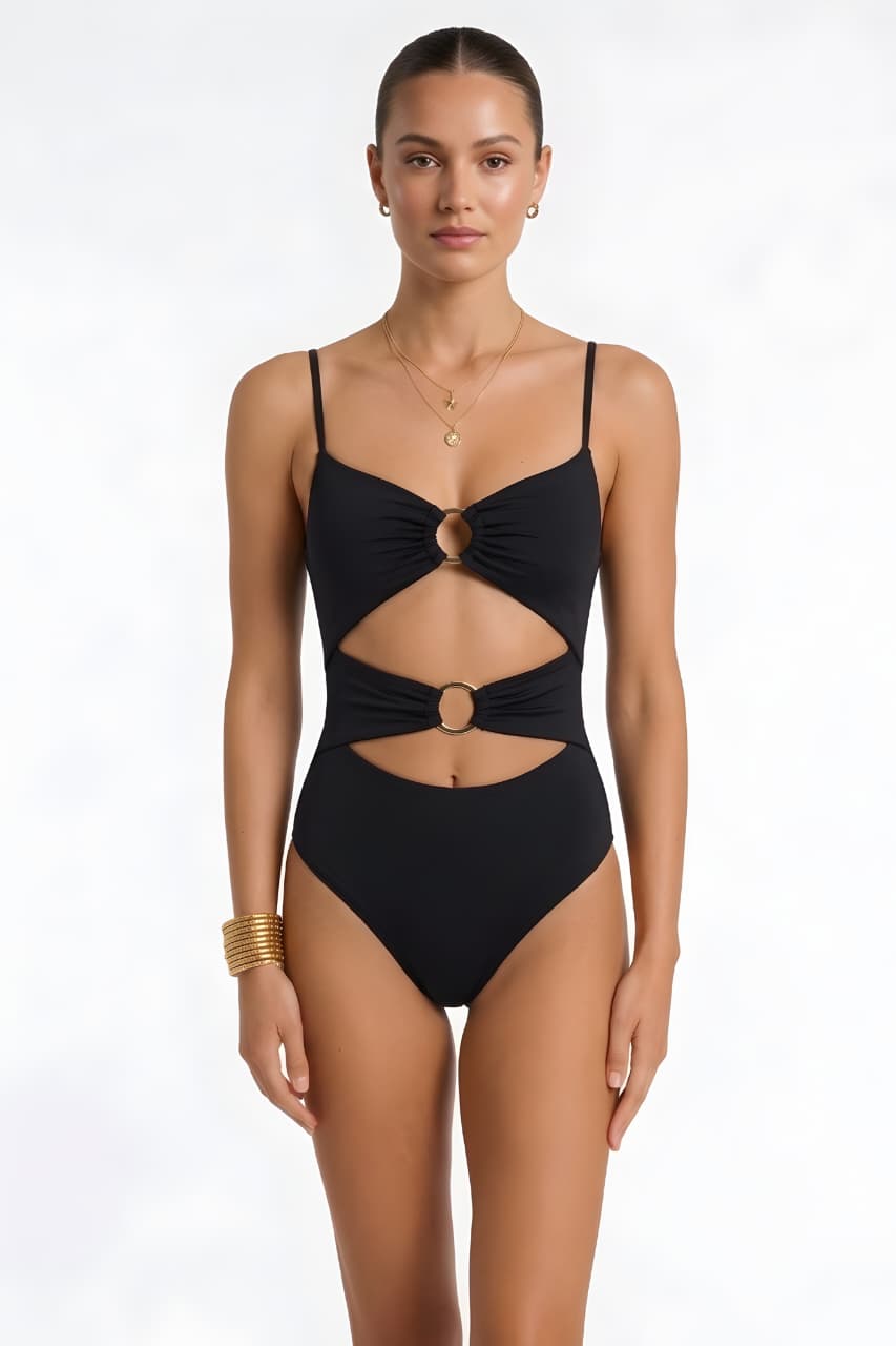 Black Gold Ring Cut-Out One-Piece Swimsuit – High-Cut Monokini | Bold Curve Swimwear