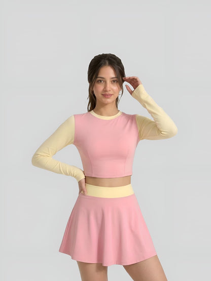 Pink & Cream Long Sleeve Crop Top Swim Skirt Set