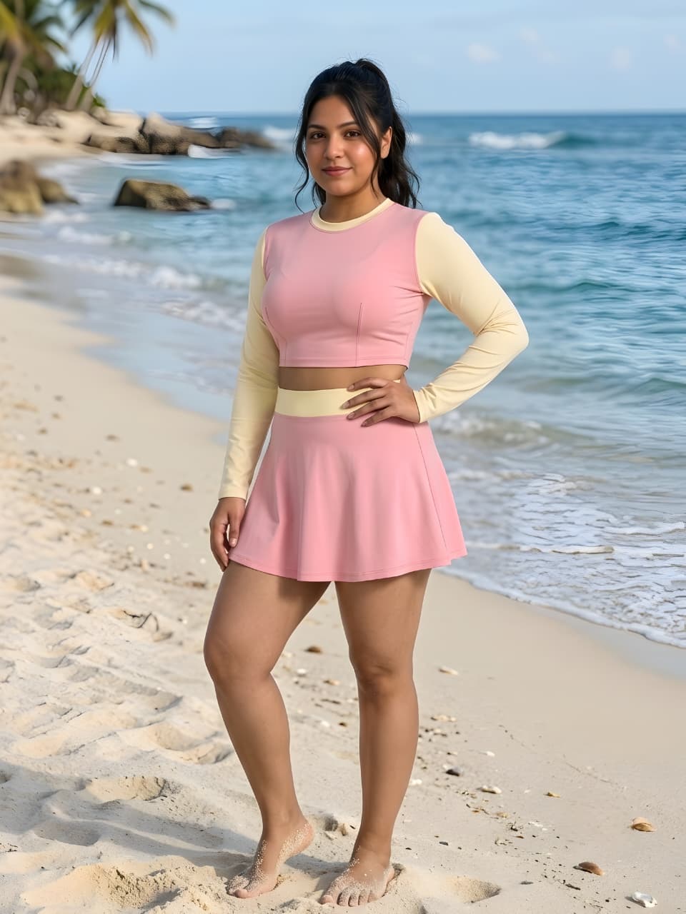 Pink & Cream Long Sleeve Crop Top Swim Skirt Set